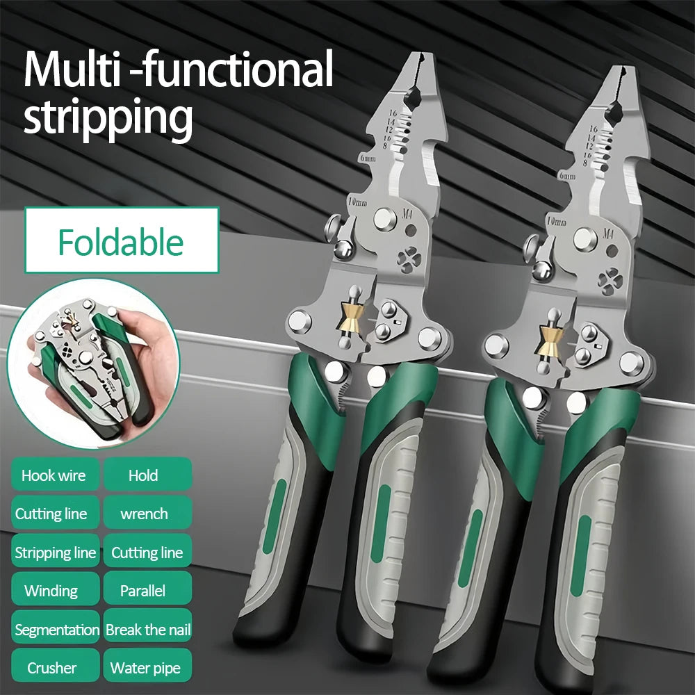 Foldable wire stripper, pulley design multi-function electrician wire splitter wire winding pliers crimping pliers hand tool